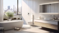 Ein modernes Badezimmer mit einer freistehenden Badewanne, eleganten Pflanzen und einem großen Fenster mit Stadtblick.